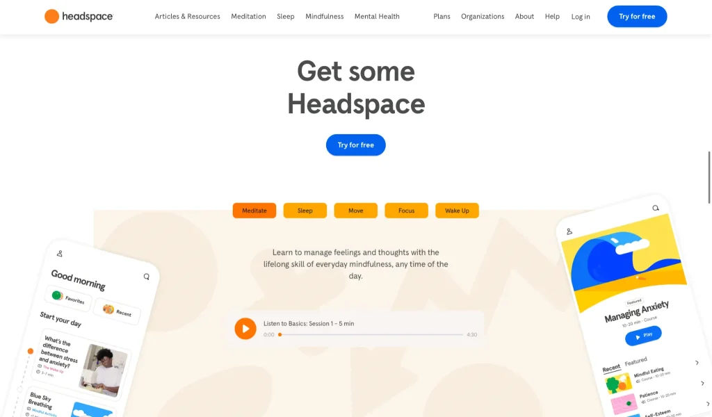 A screenshot of Headspace's website demo for their meditation