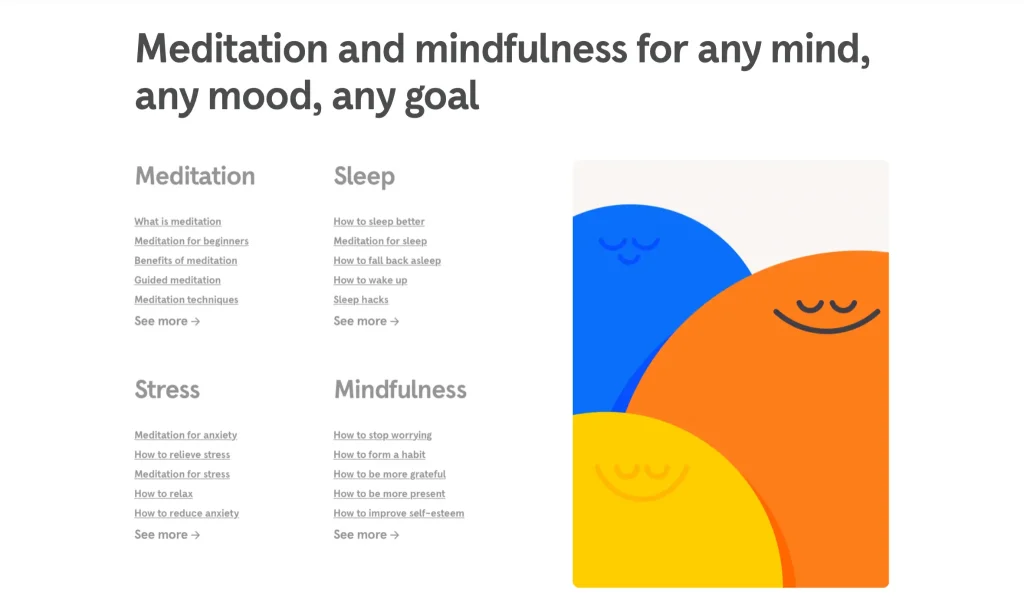 A screenshot of Headspace's website detailing their different resources on meditation