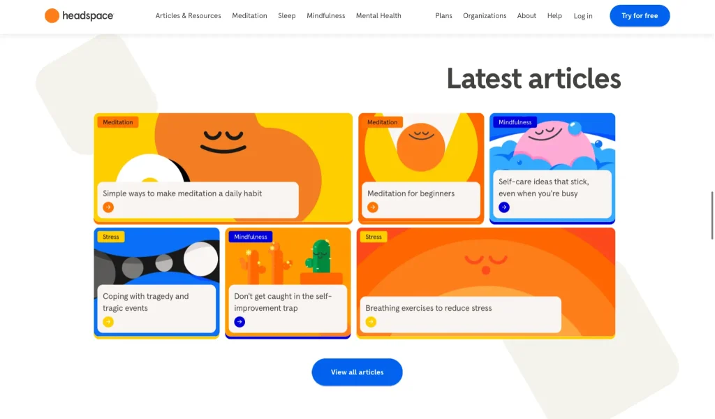 A screenshot of Headspace's website blog articles