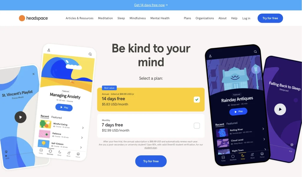 A screenshot of Headspace's website hero section detailing their app's pricing