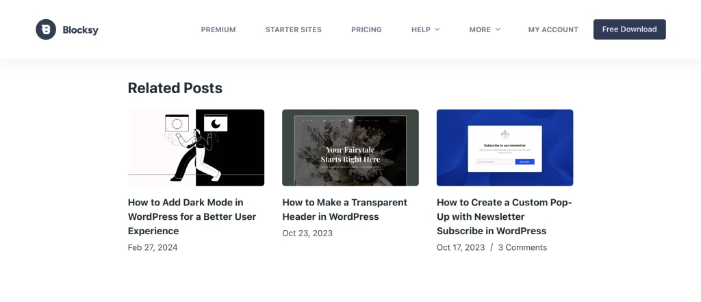 A screenshot of Blocksy's related posts section attached to one of their articles