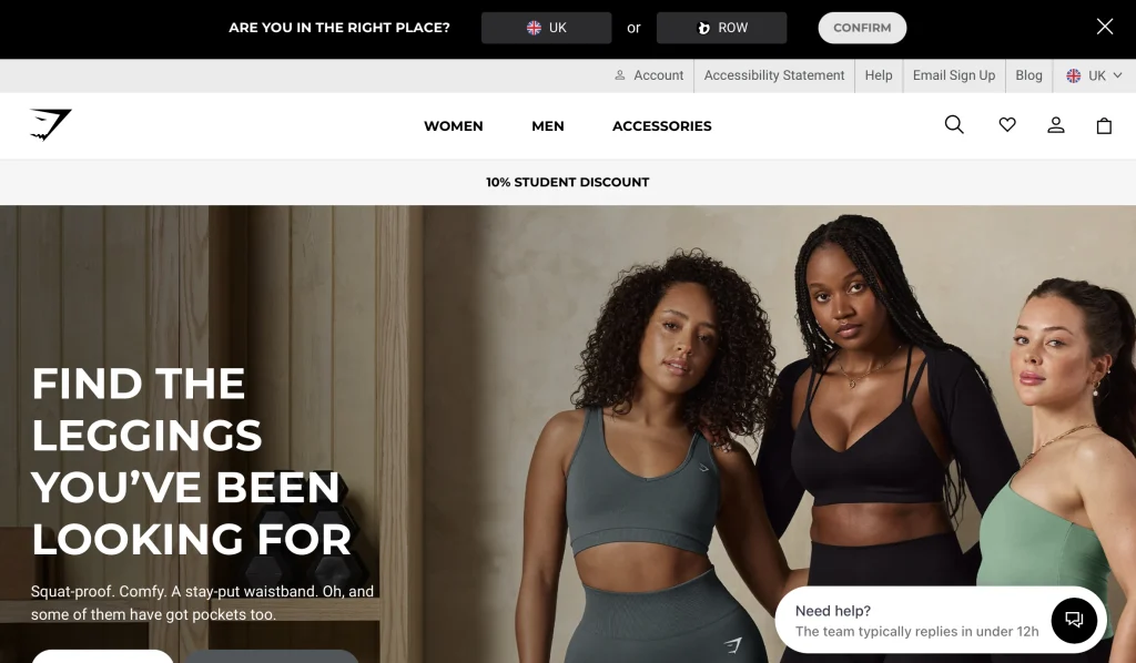 A screenshot of Gymshark's homepage with location permission